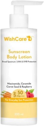 ويش كير لوشن جسم واقي من الشمس SPF50 - طيف واسع - حماية من الاشعة فوق البنفسجية فئة A وB بدون زهر ابيض - مع بذور الجزر والتوت - للرجال والنساء - 200 مل