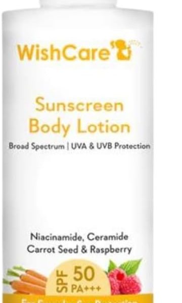 ويش كير لوشن جسم واقي من الشمس SPF50 - طيف واسع - حماية من الاشعة فوق البنفسجية فئة A وB بدون زهر ابيض - مع بذور الجزر والتوت - للرجال والنساء - 200 مل