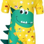 زي سباحة للاولاد الصغار من قطعة واحدة باكمام قصيرة، بدلة سباحة للحماية من الاشعة فوق البنفسجية، بدلة سباحة مرحة بتصميم ديناصور للحماية من الطفح الجلدي، بدلة سباحة للاطفال، مثالية لحمام السباحة الصيفي