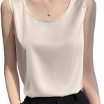 بلوزة بدون اكمام للنساء من بوسيس، بلوزة بحمالات كتف عريضة من الاسيتات مصنوعة من الحرير الصناعي بدون اكمام ورقبة دائرية بلون سادة