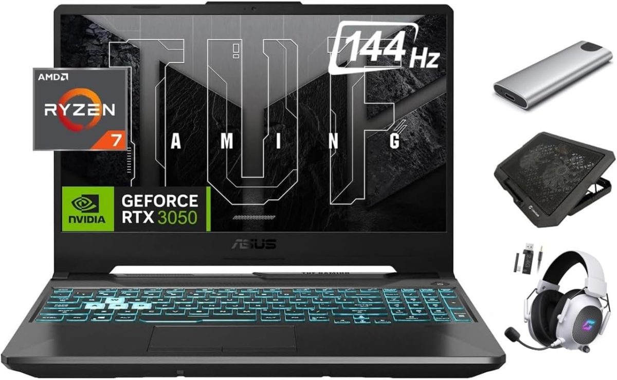 اسس لابتوب العاب تي يو اف 2024 A15 بشاشة FHD 15.6 انش 144Hz رايزن 7 7435HS ثماني النواة (افضل من i7-13620H) وبطاقة رسومات انفيديا RTX 3050 وRAM 32GB وSSD 2TB وSSD محمول 256GB وكيبورد RGB وRJ45 وكيبورد