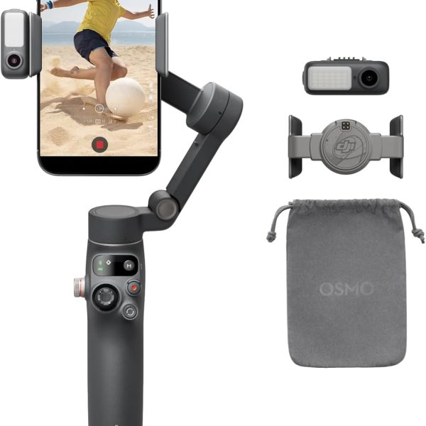 DJI مثبت جيمبال 7 بي من اوسمو موبايل لايفون، اندرويد، تتبع أصلي، اضاءة، جيمبال ثلاثي المحاور، تشغيل سريع، تعديل بنقرة واحدة، قضيب تمديد مدمج وحامل ثلاثي، استخدام 10 ساعات، شحن الجوال