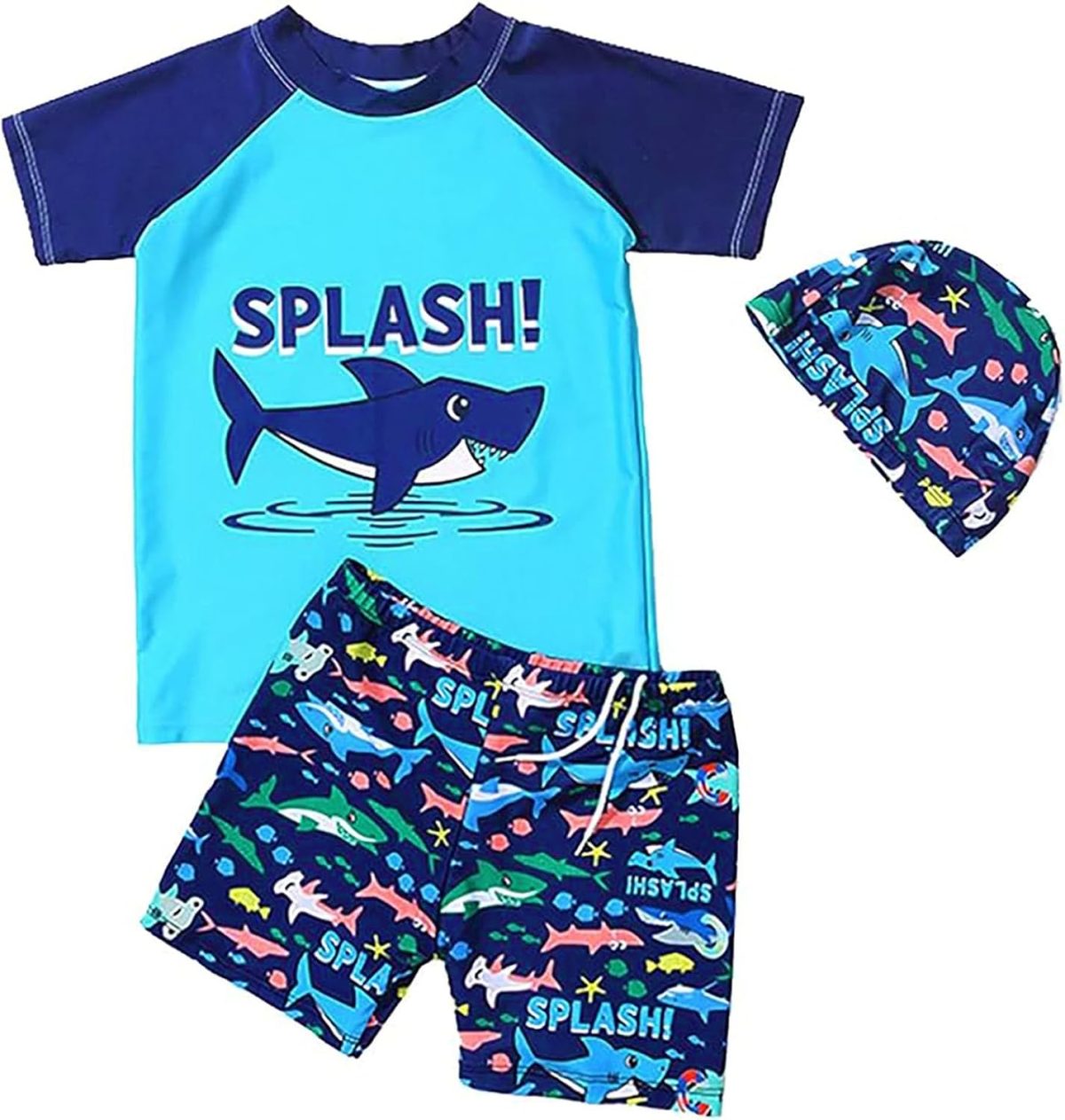 Baby Boys Two Piece Swimsuits Rash Guard Short Sleeve Shark Bathing Suit Swimwear Sets with Hat UPF 50+ for Kids