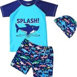Baby Boys Two Piece Swimsuits Rash Guard Short Sleeve Shark Bathing Suit Swimwear Sets with Hat UPF 50+ for Kids