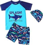 Baby Boys Two Piece Swimsuits Rash Guard Short Sleeve Shark Bathing Suit Swimwear Sets with Hat UPF 50+ for Kids