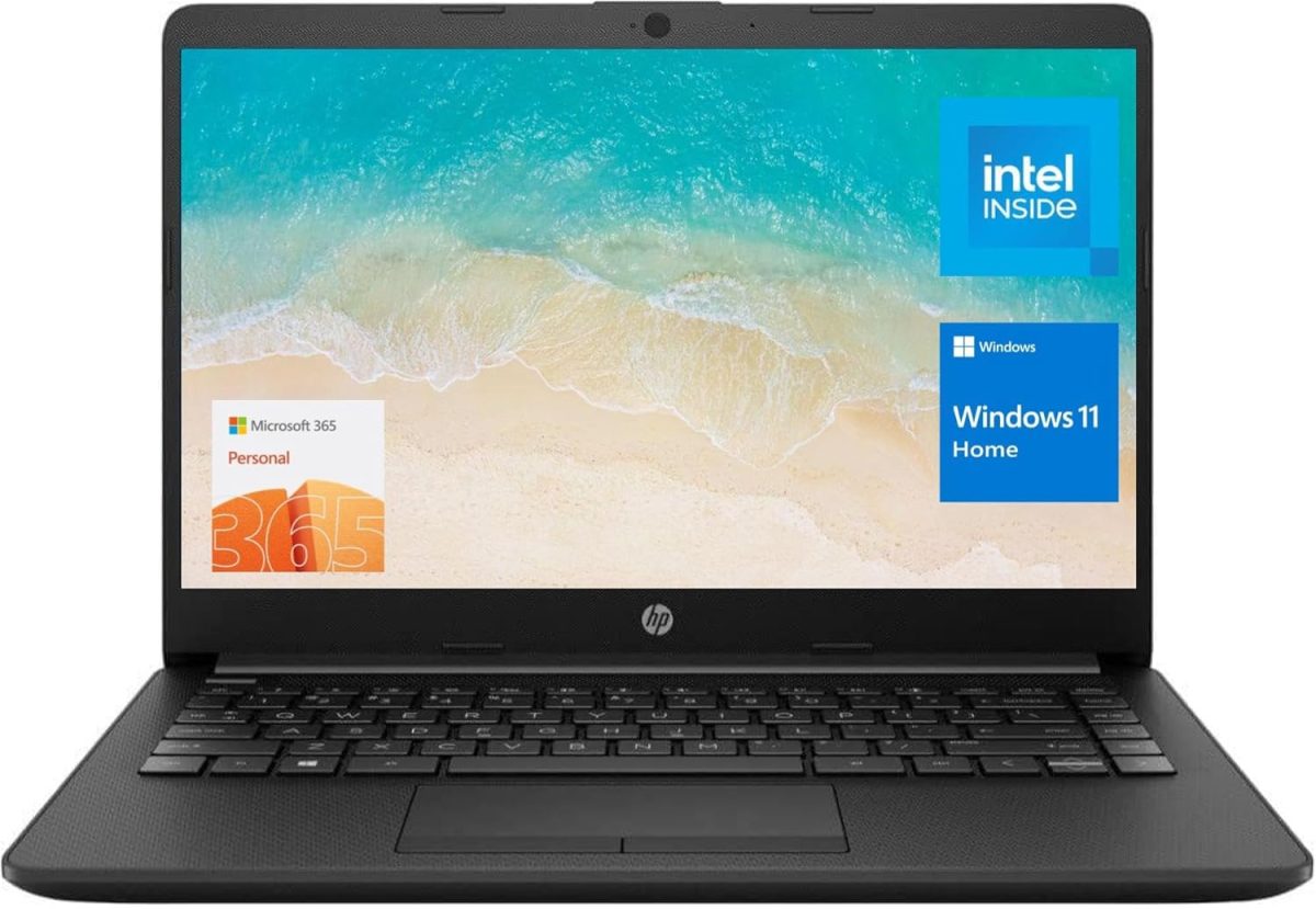 HP لابتوب محمول 14 انش (يتضمن مايكروسوفت 365 لمدة عام)، شاشة HD، معالج انتل رباعي النواة، ذاكرة RAM 16GB، تخزين 128GB، واي فاي 6، كاميرا ويب، HDMI، ويندوز 11 هوم، اسود