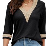 Sthxyfaith Womens tops Casual 3/4 Sleeve Shirts Lace V Neck Color Block top for womens Dressy Trendy Hollow Floral Blouses T Shirts