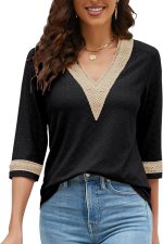 Sthxyfaith Womens tops Casual 3/4 Sleeve Shirts Lace V Neck Color Block top for womens Dressy Trendy Hollow Floral Blouses T Shirts