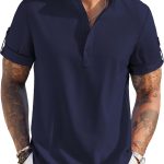 كوفاندي قميص هينلي كاجوال باكمام قصيرة وياقة شريطية من الكتان للصيف والشاطئ للرجال