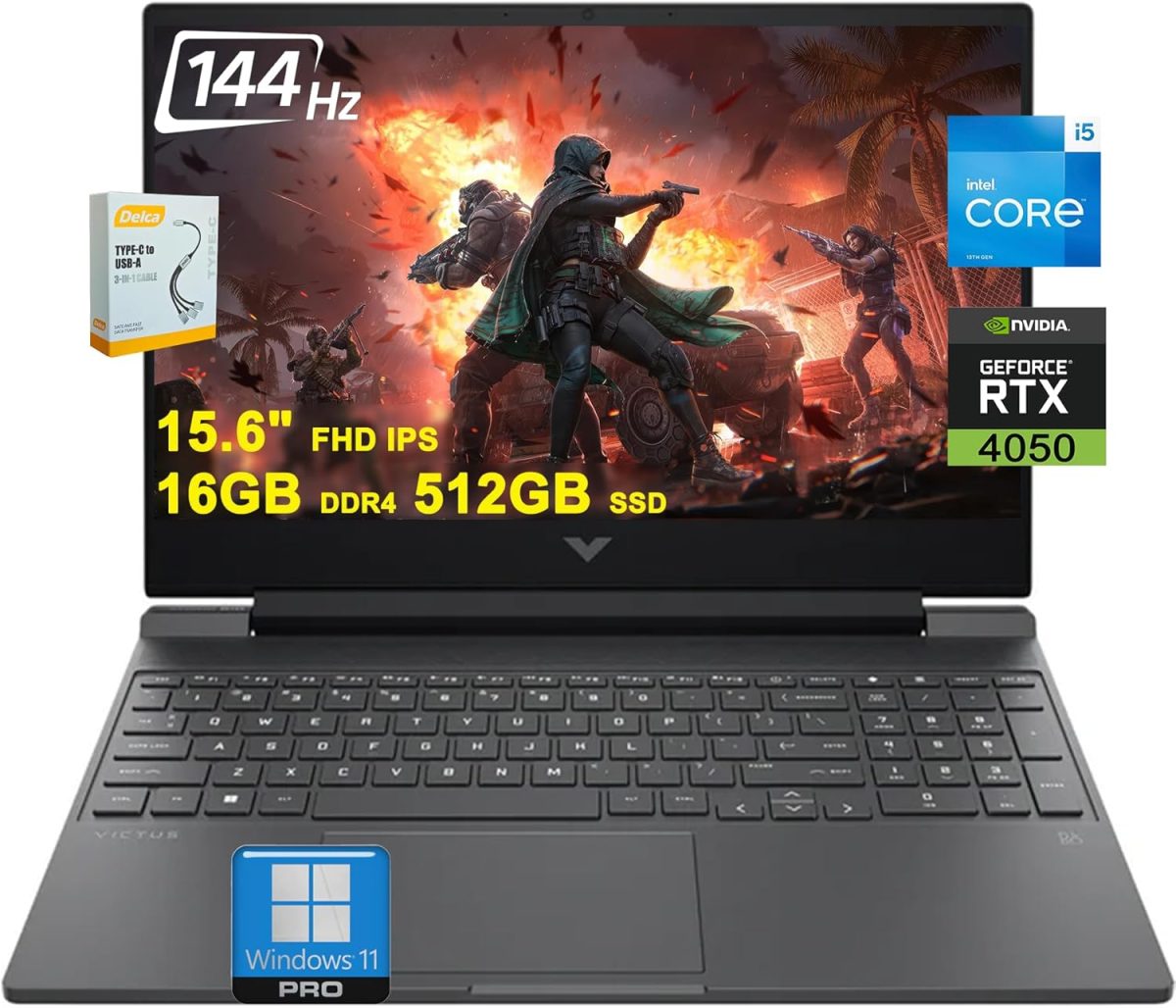 HP لابتوب العاب فيكتوس بشاشة FHD IPS 15.6 انش 144Hz ومعالج انتل ثماني النواة i5-13420H (>i7-12650H) وDDR4 16GB وSSD 512GB وبطاقة جيفورس RTX 4050 6GB واضاءة خلفية USB-C وشحن سريع وويندوز 11 برو وملحقات