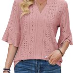 تي شيرت نسائي فضفاض برقبة على شكل حرف V واكمام مكشكشة بطول 3/4 من سثكسيفيث