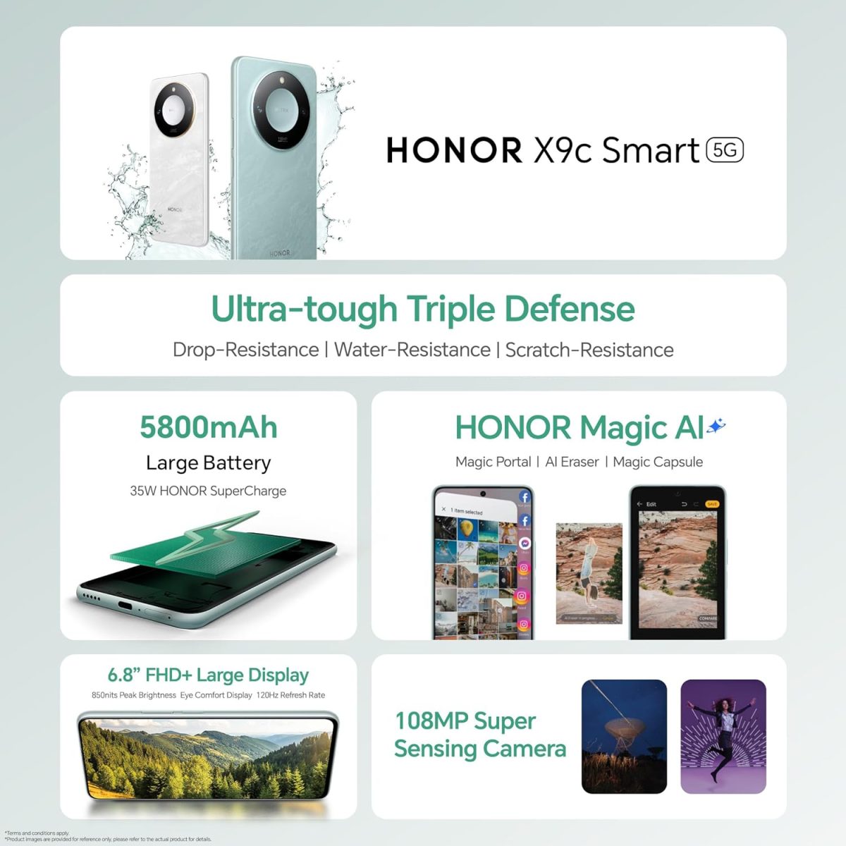 اونر هاتف ذكي X9c 5G 8+256GB، شاشة 120Hz 6.8 انش، مقاوم للسقوط، مقاوم للخدش، هاتف ذكي مقاوم للماء، ازرق سيان - اصدار الامارات العربية المتحدة