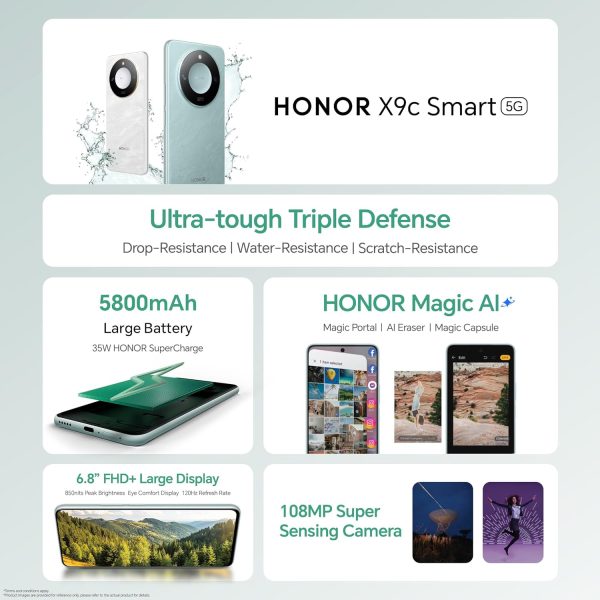اونر هاتف ذكي X9c 5G 8+256GB، شاشة 120Hz 6.8 انش، مقاوم للسقوط، مقاوم للخدش، هاتف ذكي مقاوم للماء، ازرق سيان - اصدار الامارات العربية المتحدة