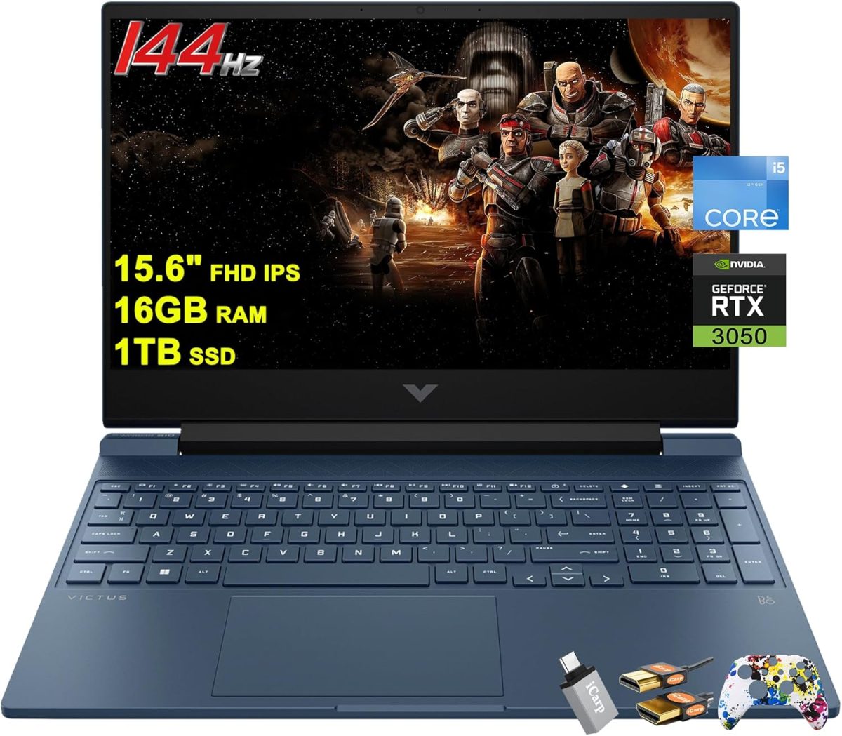 HP لابتوب العاب فيكتوس 15 15.6 انش FHD IPS مضاد للتوهج 144Hz انتل ثماني النواة i5-12450H (افضل من i7-11800H) 16GB RAM 1TB SSD جيفورس RTX 3050 اضاءة خلفية بي اند او شحن سريع ويندوز 11 ازرق مع ملحق اي