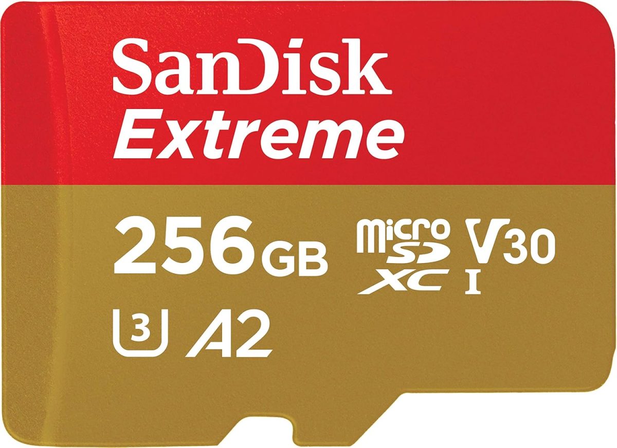 بطاقة microSD اكستريم UHS-I سعة 256GB من سانديسك، تسجيل فيديو 4K UHD على الجوال وكاميرات الحركة والطائرات بدون طيار، سرعة قراءة وكتابة 190 و130 ميجابايت/ثانية، SDSQXAV 256G GN6MN، احمر/ ذهبي