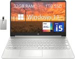 HP لابتوب 15.6 انش FHD، انتل i5-1135G7، 32GB DDR4 RAM، 1TB PCIe SSD، بطاقة رسومات انتل ايريس Xe، كاميرا ويب HD، مكبرات صوت ستيريو، ويندوز 11، فضي، بطاقة USB 32GB