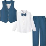 LOLANTA 4 Pieces Elegant Ceremony Set for Children, Boys Wedding Baptism Dress, Linen Suit Set, Vest+Trousers+Shirt+Bow Tie