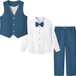 LOLANTA 4 Pieces Elegant Ceremony Set for Children, Boys Wedding Baptism Dress, Linen Suit Set, Vest+Trousers+Shirt+Bow Tie