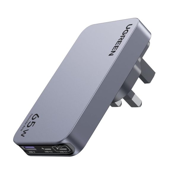 يوجرين شاحن USB C 65 واط من نيكسود، محول سفر مع قابس بريطاني/اوروبي 【ترقية جاني】محول شاحن حائط سريع رفيع للغاية بـ3 منافذ لماك بوك برو/اير، ديل اكس بي اس، ايباد برو، ايفون، سامسونج، الخ