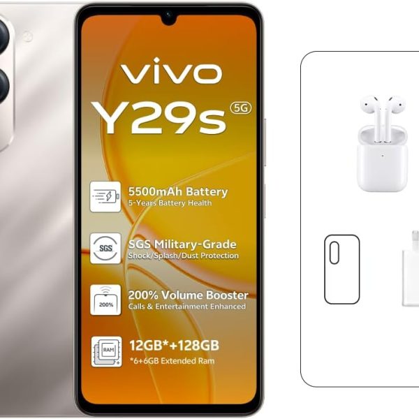 فيفو Y29s AI 5G (ذهبي تيتانيوم 6+6GB RAM، 128GB) 5500mAh | كاميرا 50MP | شاشة 6.74 HD+ | IP64 | مكبرات صوت مزدوجة | حزمة حصرية عبر الانترنت: سماعات اذن TWS وضمان 24 مليون - اصدار الشرق الاوسط
