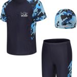 طقم ملابس سباحة للاولاد والاطفال من 3 قطع مع قبعة بعامل حماية من الاشعة فوق البنفسجية 50+ باكمام قصيرة للاولاد بعمر 5-14 سنة من نيواواو