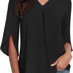 ال اي او ال اي اس اي بلوزة شيفون صيفية للنساء باكمام 3/4 وقبة V كاجوال فضفاضة مناسبة للعمل والسراويل الضيقة 2024