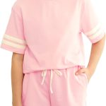 طقم شورت للبنات مكون من بلوزة مخططة باكمام قصيرة وشورت بجيوب من قطعتين من سيمتور، بدلة رياضية صيفية رياضية لعمر 6-15 سنة