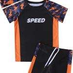 بدلة سباحة للاولاد من هوت فياري، بدلة سباحة للاولاد الكبار وتي شيرت باكمام قصيرة مع قبعة سباحة، طقم ملابس سباحة من قطعتين مع تي شيرت قصير 8 9 10 11 12 13 14 15 سنة