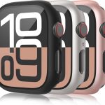 جراب من الزجاج المقوى لساعة ابل سلسلة 10 (2024) 42 ملم/46 ملم، واقي شاشة صلب من البولي كربونات رفيع للغاية ومقاوم للخدش لساعة اي ووتش 10 (اسود/ستارلايت/ذهبي وردي، ساعة ابل 10 (42 ملم)) من 3 قطع