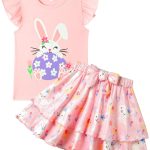 زارمفلاي طقم تنورة للبنات مكون من قطعتين ملابس صيفية للاطفال الصغار باكمام مكشكشة وتيشيرت وفيونكة وتنورة توتو