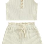 طقم ملابس صيفية للبنات الصغيرات من ار دبليو واي بي اي واي دبليو، مكون من توب كات قصير مضلع ومضلع بدون اكمام للاطفال من عمر 1-14 سنة
