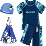 لوف بيوتي بدلة سباحة للاولاد من راش جارد بعامل حماية من الاشعة فوق البنفسجية 50+، طقم ملابس سباحة من 4 قطع للحماية من الشمس للاولاد بعمر 4-13 سنة