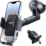 يوجرين حامل جوال للسيارة، [4 في 1 لوحة القيادة/فتحة التهوية/الزجاج الأمامي]، [فتح بزر واحد]، حامل هاتف محمول بخطاف معدني، مناسب لهاتف ايفون 16/15/14، سامسونج S25/24/23، ملحقات مقاس 4.7-7.2 انش