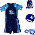 طقم ملابس سباحة واقية من الطفح الجلدي للاولاد مكون من قطعتين مع قبعة سباحة ونظارات وشنطة تخزين 4 في 1 لادوات السباحة للاولاد بعمر 2-13 سنة, أزرق