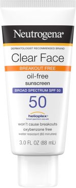Neutrogena Clear Face Liquid Lotion Sunscreen for Acne-Prone Skin, Broad Spectrum SPF 50 UVA/UVB Protection, Oil-, Fragrance- & Oxybenzone-Free Facial Sunscreen, Non-Comedogenic, 3 fl. oz