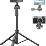 تونوف حامل ثلاثي القوائم لكاميرا الهاتف 170 سم مع جهاز تحكم عن بعد وحامل جوال، حامل ثلاثي القوائم للسفر وتسجيل الفيديو، حامل ثلاثي القوائم طويل للهاتف الذكي متوافق مع ايفون/اندرويد/كاميرا ويب