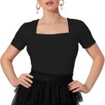 تي شيرت سادة محبوك برقبة مربعة واكمام قصيرة منفوخة للنساء والفتيات من شاسمي