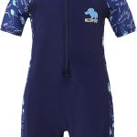 زامبلو بدلة سباحة للاولاد من قطعة واحدة باكمام قصيرة وسحاب للشاطئ بتصميم ديناصور للحماية من الطفح الجلدي بلون ازرق داكن لعمر 3-10 سنوات