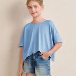 هالو مونينغ تي شيرت قصير كبير الحجم للبنات برقبة دائرية ضيقة ونصف كم بتصميم جناح الخفاش مناسب لعمر 5-14 سنة