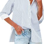 قمصان نسائية من اوديري بازرار امامية من القطن، قمصان رسمية مخططة باكمام طويلة وياقة بازرار علوية، بلايز للعمل والمكتب