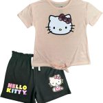 هيلو كيتي طقم مكون من قطعتين مكون من تيشرت برباط امامي وشورت دولفين للبنات