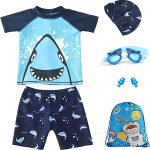 Moonmen 2 Piece Rash Guard Swimsuit with Swim Cap, Goggles, Storage bag,Nose Clips,Ear Plug 7 in 1 Swimming Equipment Swimwear for Kids