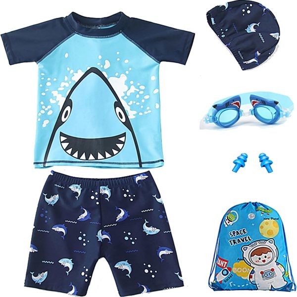 Moonmen 2 Piece Rash Guard Swimsuit with Swim Cap, Goggles, Storage bag,Nose Clips,Ear Plug 7 in 1 Swimming Equipment Swimwear for Kids