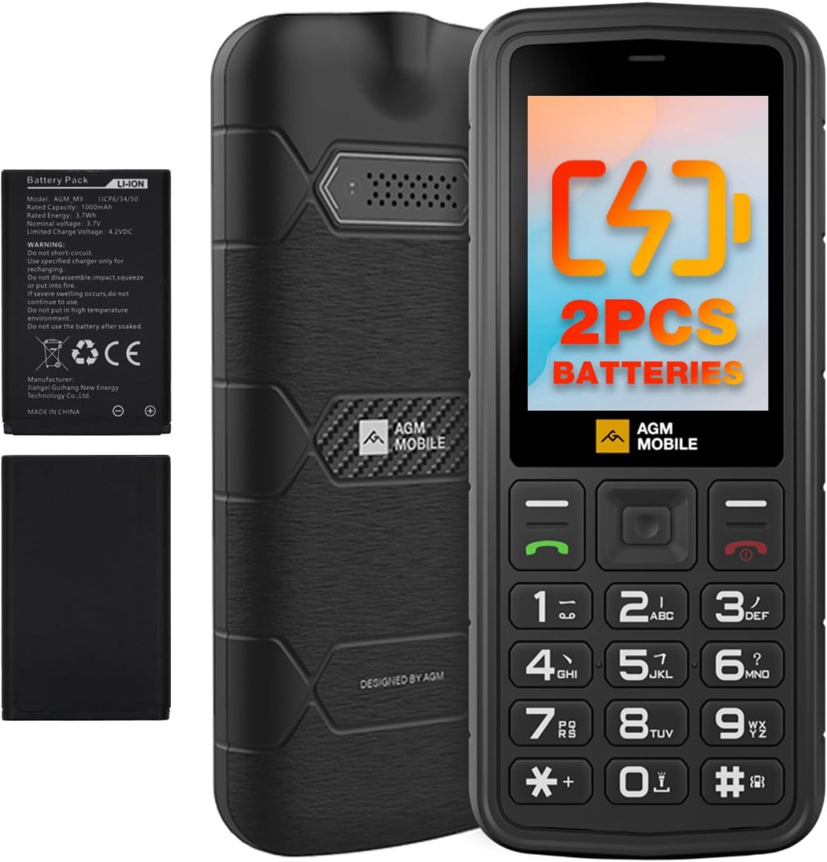 ايه جي ام جوال M9 4G متين بميزة اساسية، زر كبير، مقاوم للماء IP68/IP69K، مقاوم للسقوط، خطوط كبيرة، اتصال سريع، 3 فتحات بطاقات، راديو اف ام، شعلة، 2 × بطارية 1000mAh
