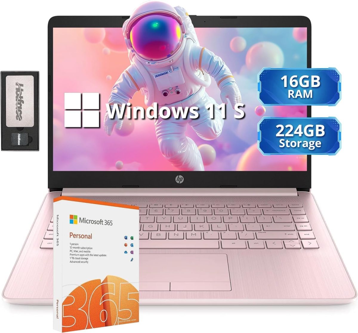 HP لابتوب ستريم 14 انش HD برايت فيو، معالج انتل سيليرون N4120، ذاكرة RAM 16GB، تخزين 64GB، بطاقة رسومات انتل HD، كاميرا ويب 720p، اوفيس 365 لمدة عام، زهري، ويندوز 11 اس، بطاقة USB 32GB هوت فيس