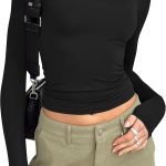 تي شيرت قصير باكمام طويلة وقبة دائرية للنساء من سيواتين، تي شيرت اساسي سادة Y2K ضيق بقصة ضيقة للتمارين واليوغا