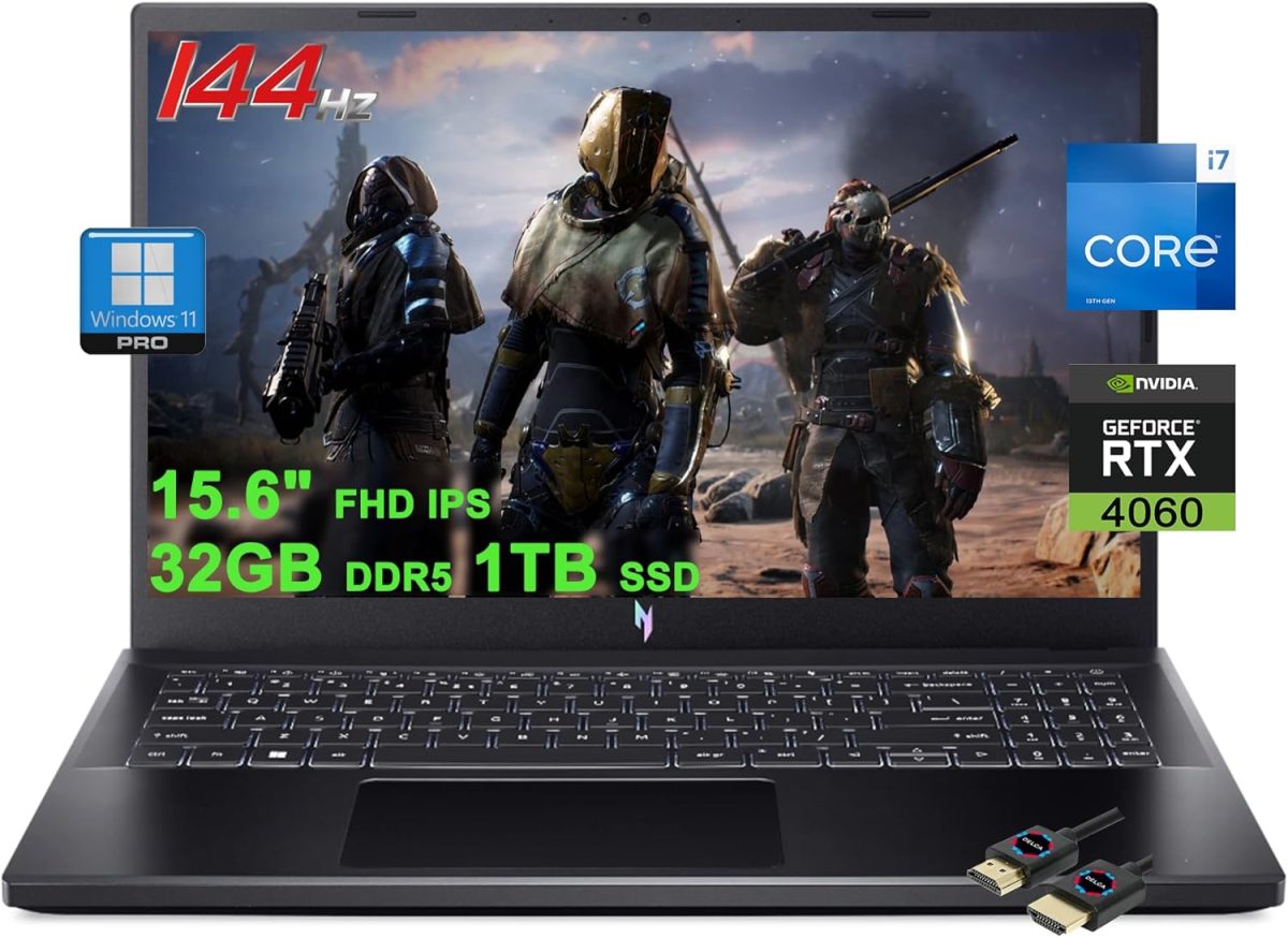 ايسر لابتوب العاب نيترو في 15 بشاشة FHD IPS 15.6 انش 144Hz ومعالج انتل 10 كور i7-13620H وذاكرة DDR5 سعة 32GB وSSD سعة 1TB وبطاقة جيفورس RTX 4060 واضاءة خلفية USB-C وويندوز 11 برو مع ملحق DLCA