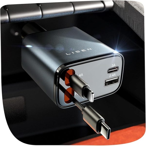 ليسين شاحن سيارة ايفون قابل للسحب 4 في واحد [69 واط]، محول شاحن سيارة USB C سريع الشحن مع كيبل سلك قابل للسحب، منظم سيارة لموبايل ايفون 15 برو ماكس بلس