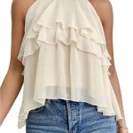 بلوزة نسائية من جورجليتر بحافة مكشكشة بدون اكمام ورقبة واسعة انيقة