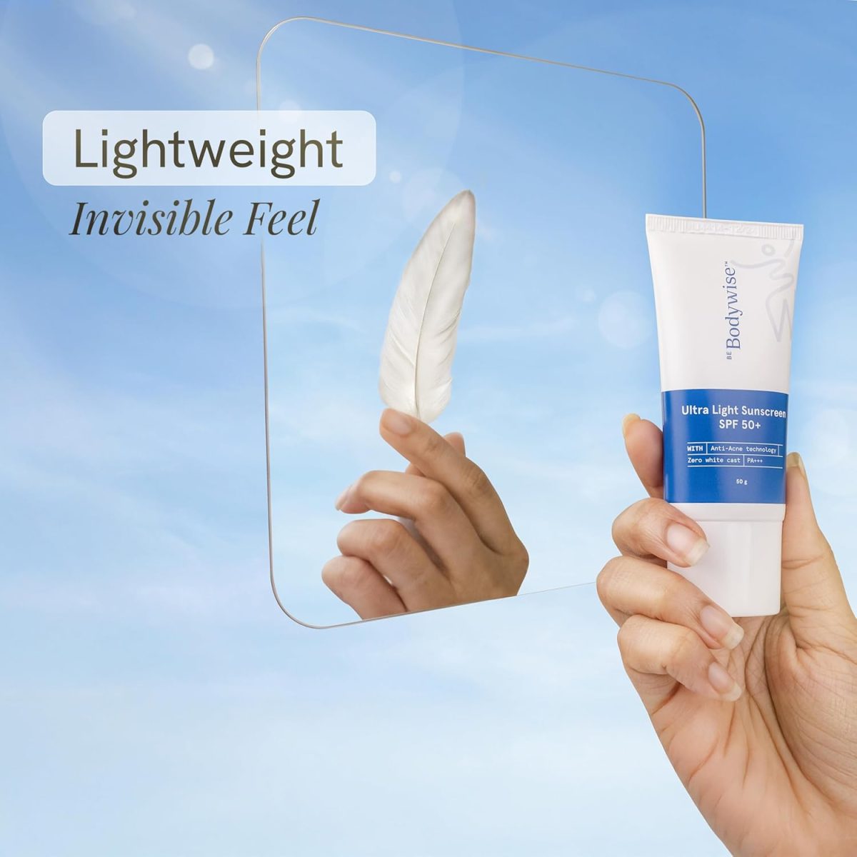 ⁦Be Bodywise Ultra Light Sunscreen SPF 50 PA+++ for Oily, Dry, Acne-prone Skin | Broad Spectrum Protection & Blue Light Protection | No White Cast | Non-Greasy | Korean Anti-Acne Technology | Water⁩ - الصورة ⁦3⁩